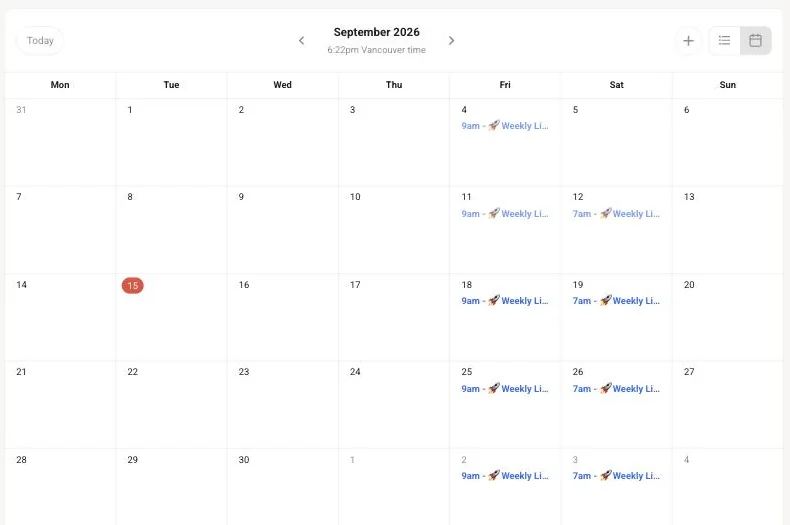 The community calendar with the weekly live calls booked in